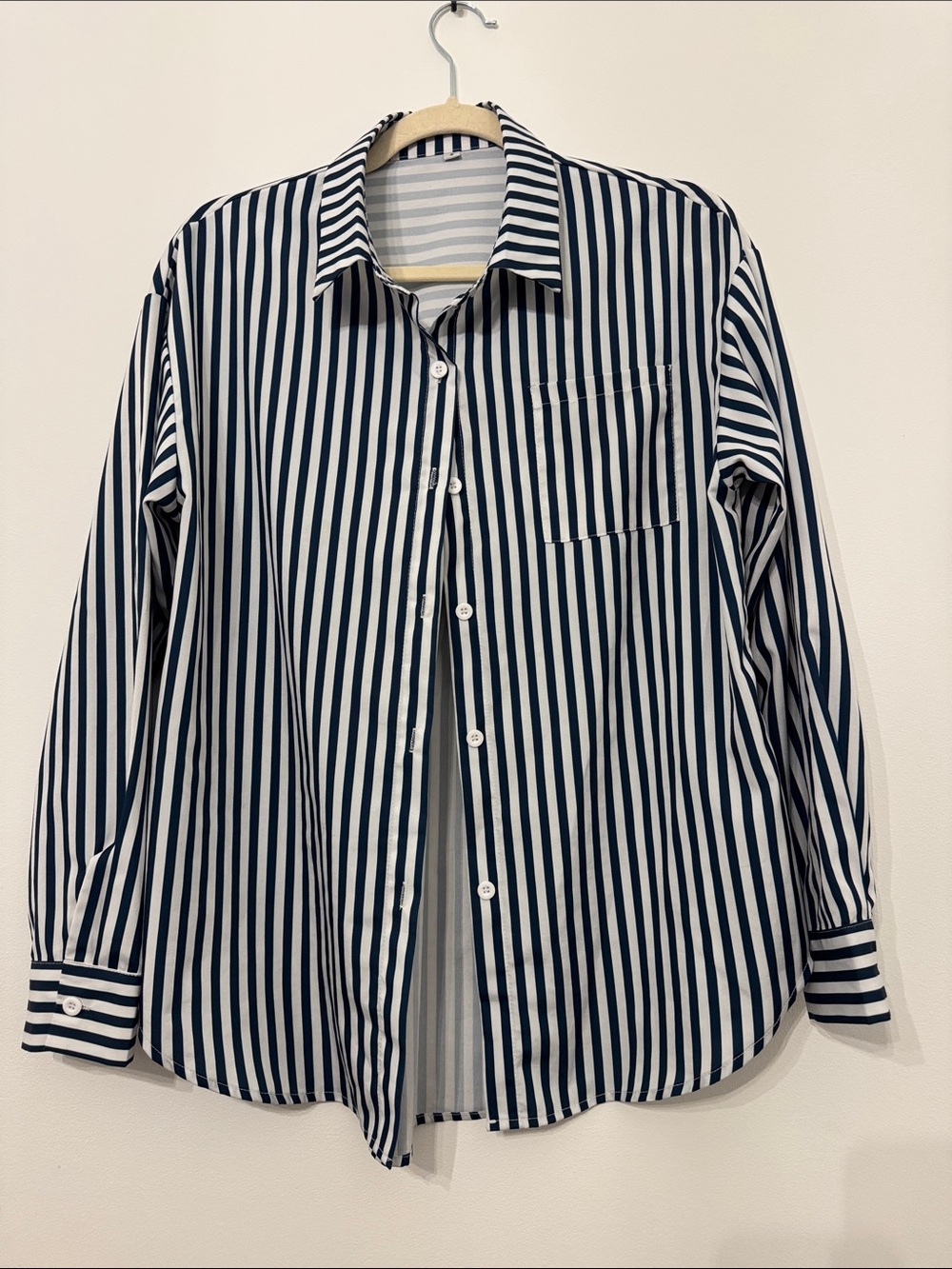 Women’s Navy and White Striped Button-Up Shirt